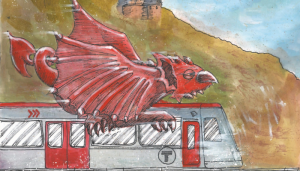 A Welsh dragon travelling on top of a TfW train