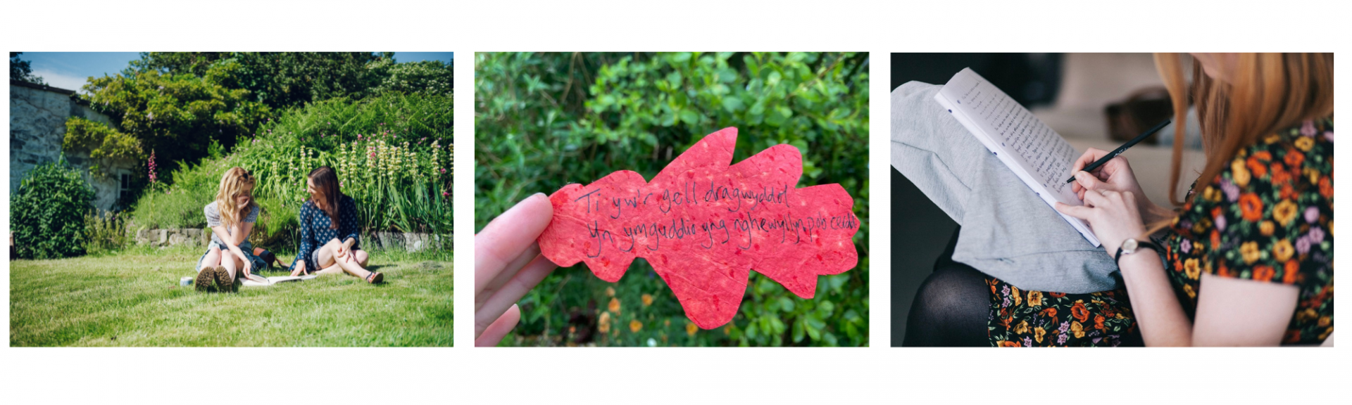 Three seperate images. The image on the left is of two women sitting outside on the grass smiling at eachother. There is a notebook between them. The image in the middle is of a red leaf with two lines of poetry on it. The third image is of a woman writing something on a big notebook.