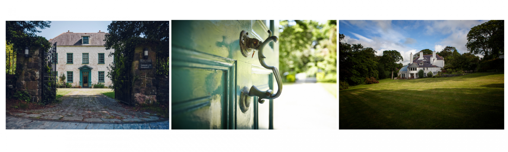 Three separate images. The first image is of the front of Ty Newydd Writing Centre. The second image is a close-up of Ty Newydd's main door handle. The third image is of the rear of the Ty Newydd building and garden.