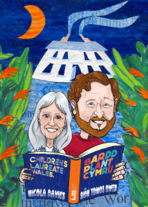 An illustration of two people holding a book and smiling. Written on the book are the words Children's Laureate Wales and Bardd Plant Cymru. The artwork is by Siôn Tomos Owen.
